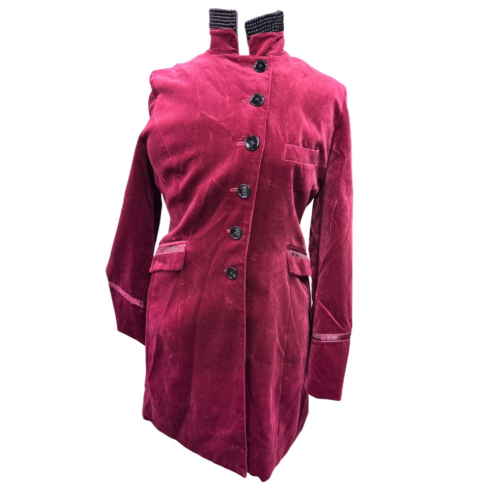 Jane Post Velvet Mandarin Collar Beaded Jacket Coat Burgundy Large‎ Button Down
